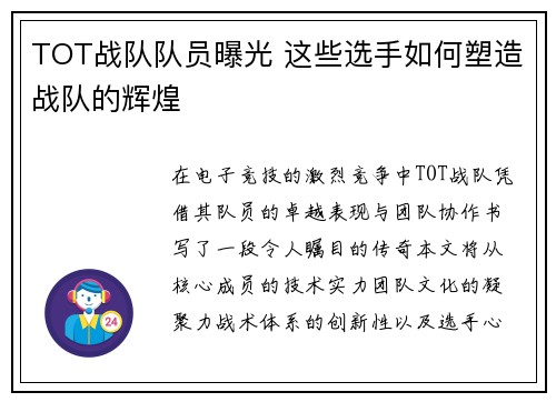 TOT战队队员曝光 这些选手如何塑造战队的辉煌