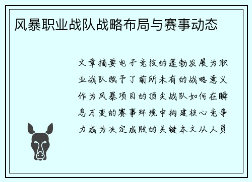 风暴职业战队战略布局与赛事动态